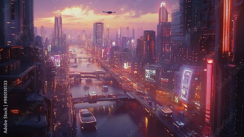 Fototapeta premium A sprawling futuristic metropolis at dusk, towering skyscrapers with neon lights, flying autonomous vehicles, pedestrians guided by AI holographic assistants, seamless connectivity between buildings t