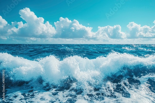 Blue Ocean with White Foam Waves and Puffy Clouds