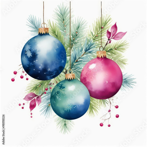 Illustration of Christmas balls with tree branches. New Year concept