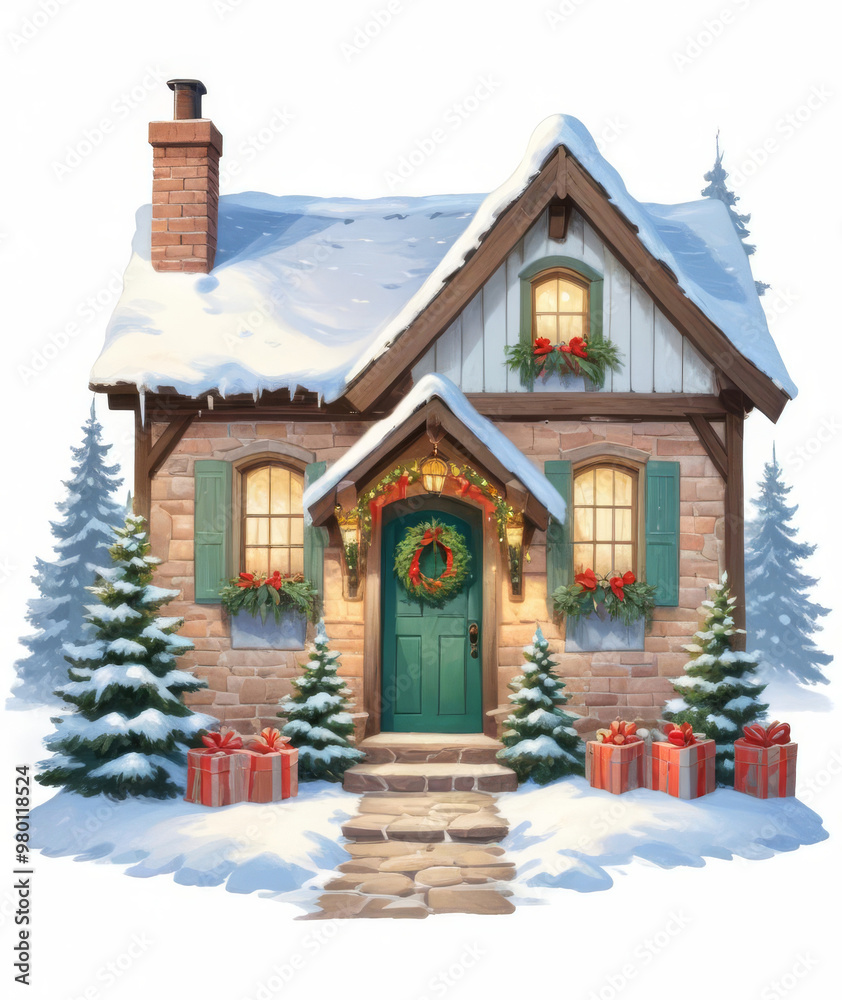 Naklejka premium Illustration of winter house, decorated for Christmas and New Year.