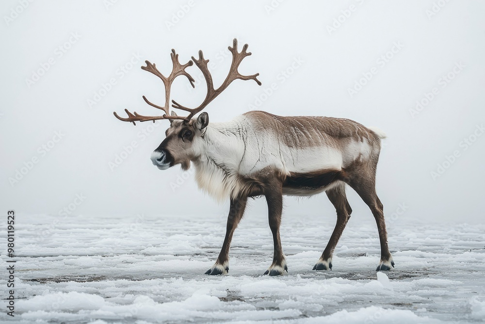 Reindeer Walking on a Frozen Lake in a Snowy Landscape Reindeer Walking on a Frozen Lake in a Snowy Landscape
