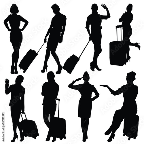 Silhouette of air hostess. Flight attendant silhouettes. Female airline crew shadow drawing collection. Perfect for aviation and travel design elements. Business woman with hand luggage hand drawing.