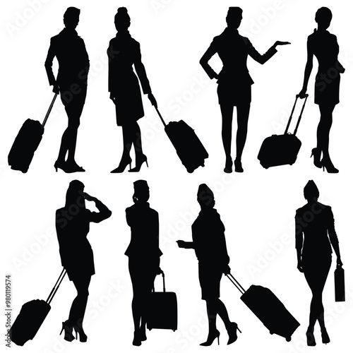 Hotel maids. Marketing woman posing stylish stand perfect for aviation and travel design elements.  Business woman with hand luggage in international airport. Airlines cabin crew uniformed silhouette