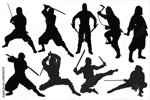Japanese Ninja Holding Katana Silhouette Action Pose Vector. Combat-ready ninja silhouette. Ninja Weapon silhouette. Ninja silhouette isolated on white background. Ninja fighter shadow. Ninja mascot.