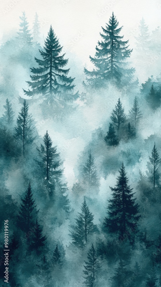 Misty Spruce Forest with Tall Trees Disappearing into Fog Misty Spruce Forest with Tall Trees Disappearing into Fog