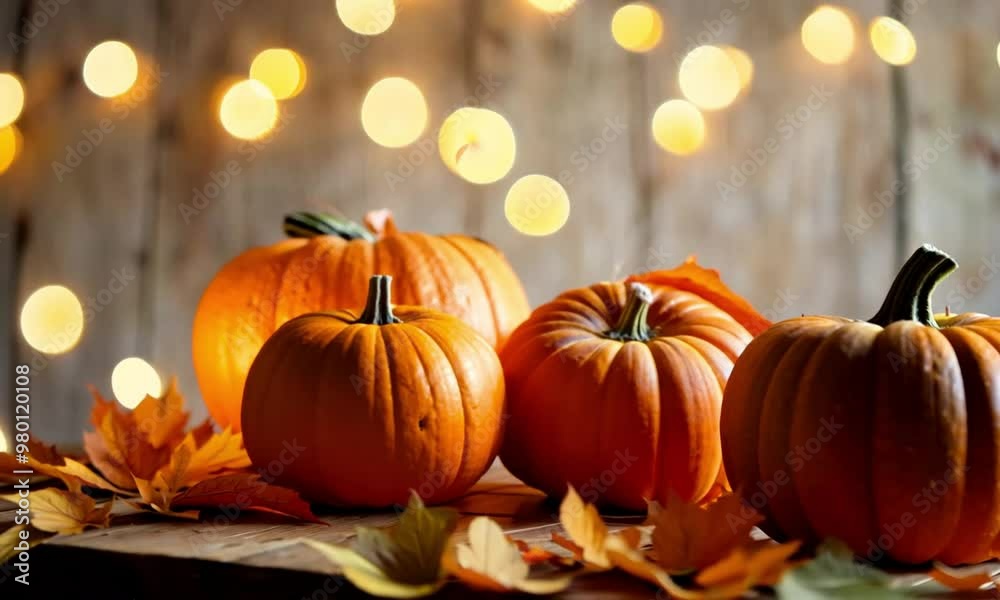 Pumpkins on a rustic wooden table, glowing softly in the warm light of bokeh fairy lights Pumpkins on a rustic wooden table, glowing softly in the warm light of bokeh fairy lights