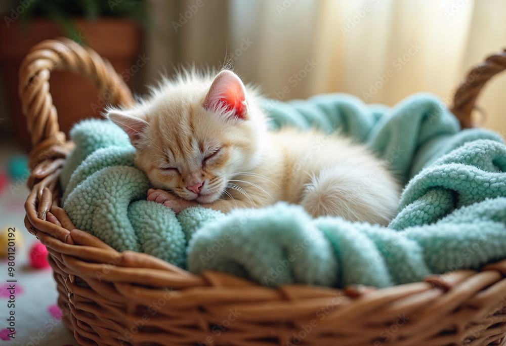 Obraz premium Cozy Kitten Nap: A cream-colored kitten sleeps peacefully in a wicker basket, nestled in a soft turquoise blanket. The image captures a serene domestic scene, one of comfort, relaxation, and pet care.