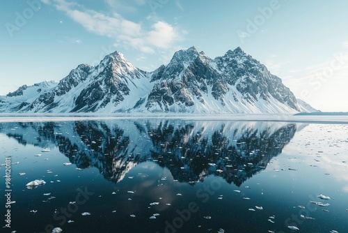 Snow-capped Mountains Reflected in a Still Water Body