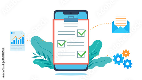 Illustration in flat design style. Notepad with checklist on phone screen. Each answer has icons of email, document with chart and gears. Each answer is marked correctly. 