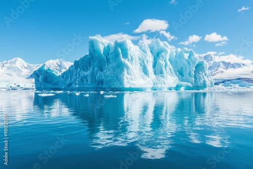 A Large Iceberg Floats in Calm Waters with Snow-Covered Mountains in the Distance