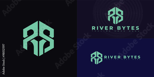 Modern hexagon vector initial letter RB or BR logo in green color isolated on black background colors. The logo is suitable for software development service logo design inspiration templates.