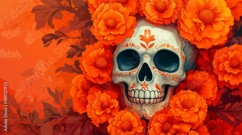 Skull with Crossed Marigolds, a vector skull with marigolds forming a cross behind it, with copy space, Day of the Dead