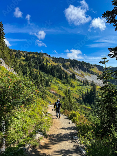 Man hiking down Mount Rainier mountain trail