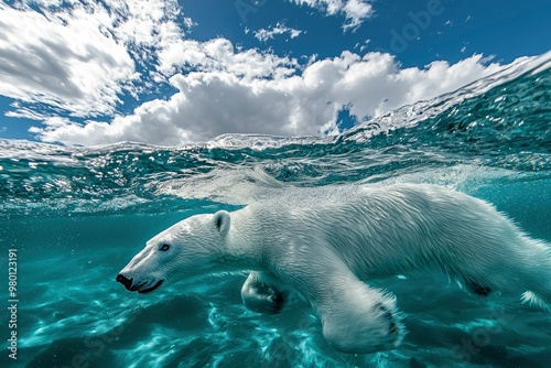 Polar Bear Swimming Underwater with Blue Sky and Clouds Above