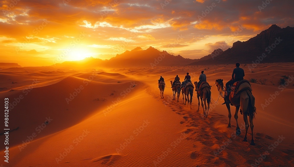 Camel Caravan at Sunset in the Desert Camel Caravan at Sunset in the Desert