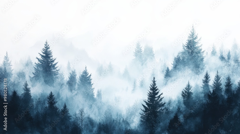 Fototapeta premium Misty Spruce Forest with Tall Trees Disappearing into Fog