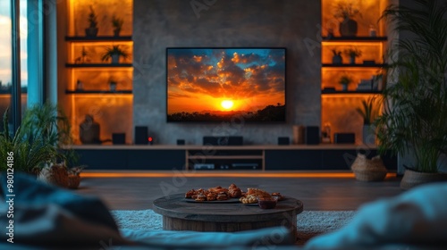 Cozy living room with a sunset view and snacks on the table.