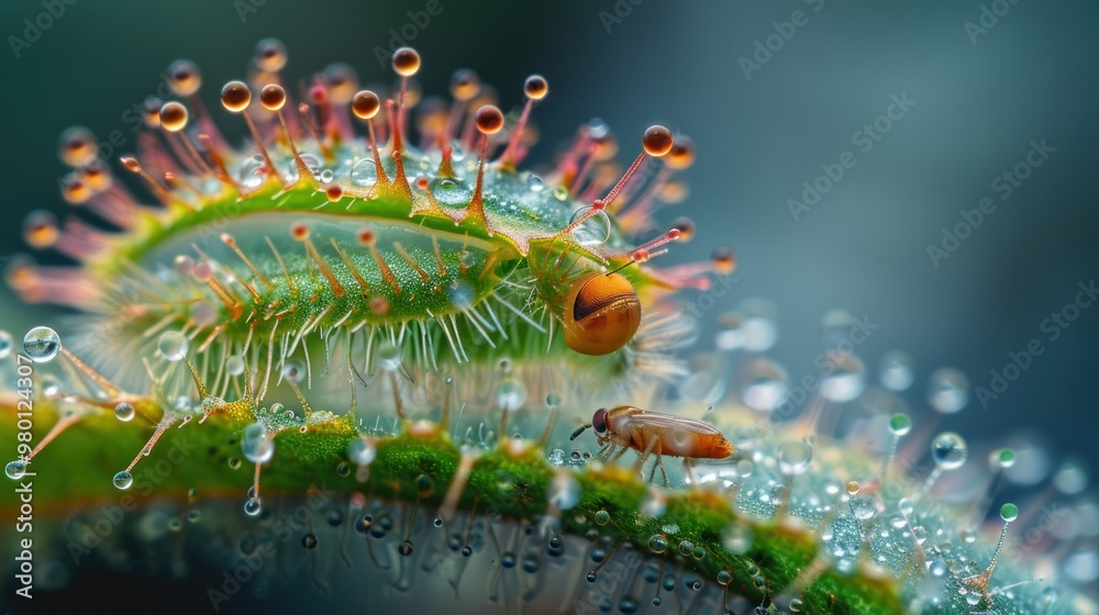 Naklejka premium Macro Photography of a Sundew Plant with Dew Drops