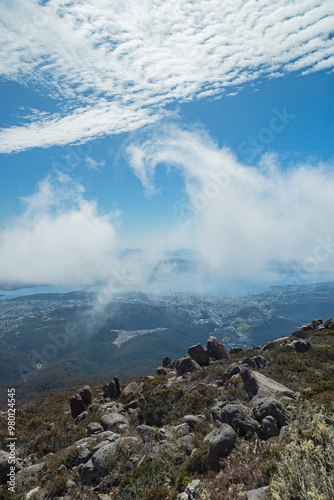 View of Hobart with some interesting cloud formations from the summit of kunanyi/Mt Wellington in Tasmania, Australia photo