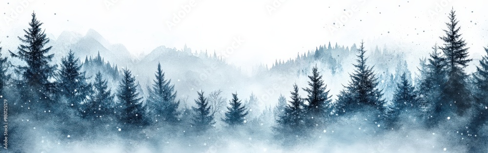 Misty Spruce Forest with Tall Trees Disappearing into Fog Misty Spruce Forest with Tall Trees Disappearing into Fog