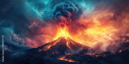 Volcano eruption with colorful smoke and ash clouds