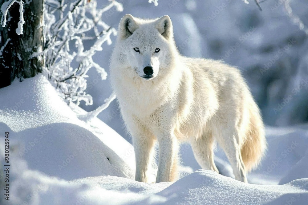 Fototapeta premium A White Wolf Standing in a Snowy Landscape