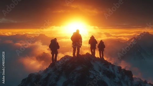 Climbers silhouetted against a stunning sunset over mountain peaks.