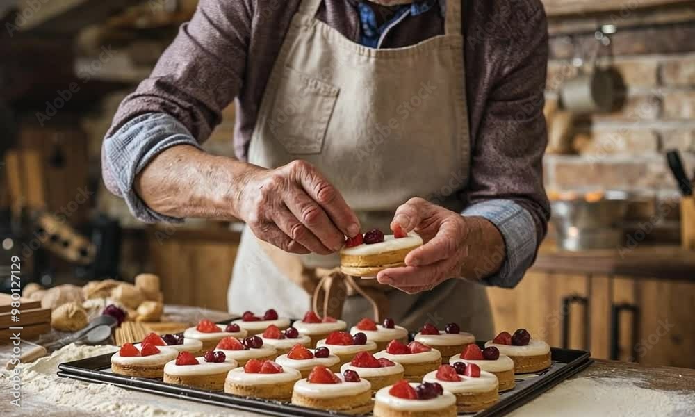 Pastries are baked in a rustic kitchen. A baker, wearing an apron, decorates pastries with icing or fruit in a kitchen. Flour and baking tools are on the counter, and the baker looks serious and proud
