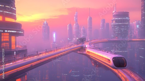 A dynamic urban scene with floating walkways, advanced monorails, and a vibrant skyline of glowing skyscrapers against a dusky sky photo