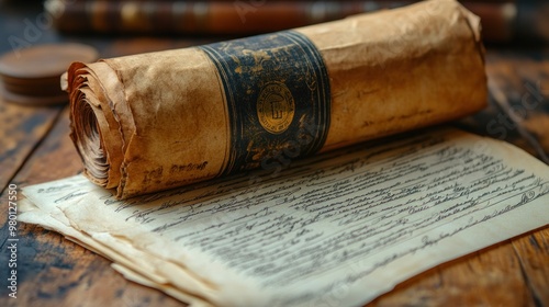 Ancient scroll and documents on a wooden table. photo