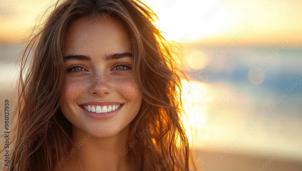 Portrait of a woman smiling at the beach during sunset