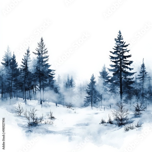 Misty Spruce Forest with Tall Trees Disappearing into Fog