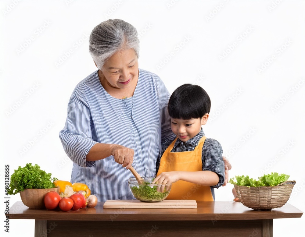Asian Grandmother Teaching Her Grandchild to Cook in a Family Kitchen Isolated on White Background, Clipping Path, Full Depth of Field Asian Grandmother Teaching Her Grandchild to Cook in a Family Kitchen Isolated on White Background, Clipping Path, Full Depth of Field