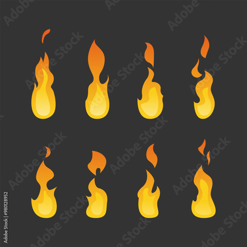 Nine stylized flames in various shapes and sizes on a dark background, featuring yellow and orange gradients.