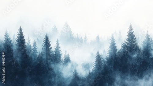 Misty Spruce Forest with Tall Trees Disappearing into Fog