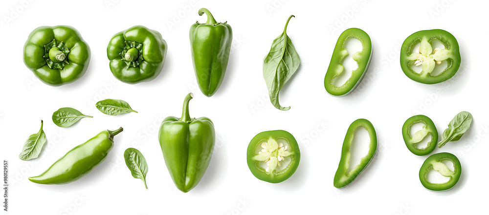 Many green peppers on a white background