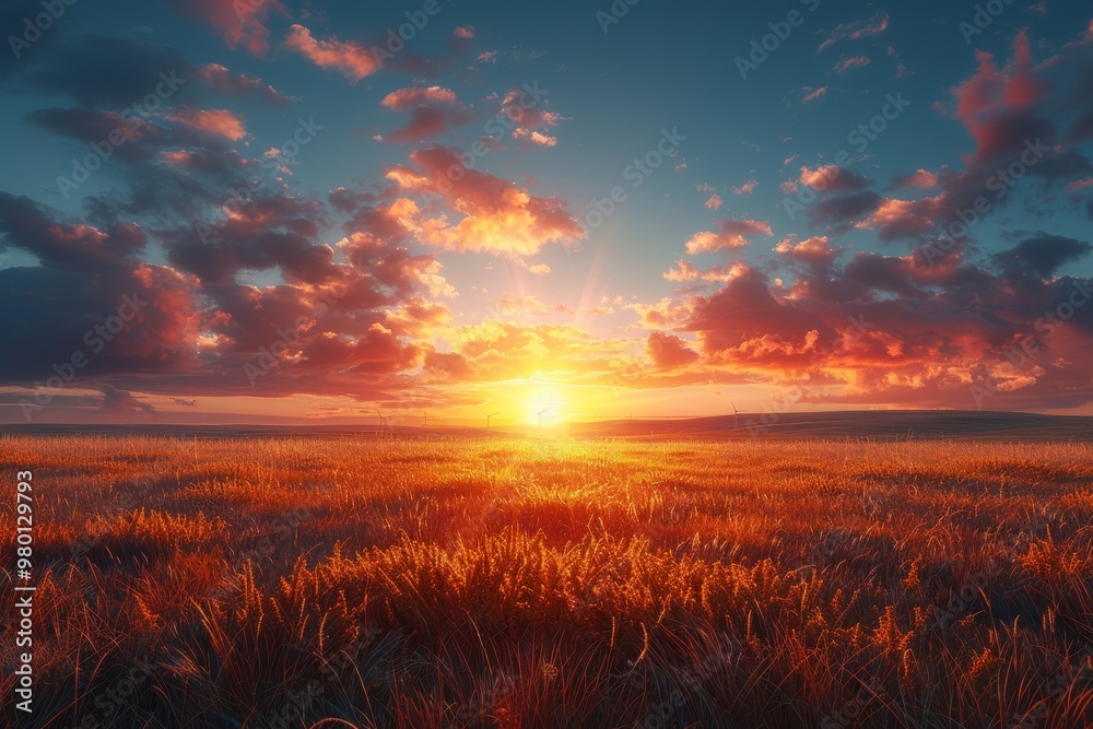 Fototapeta premium Wind power plant harnessing renewable energy with turbines at sunset for sustainable electricity