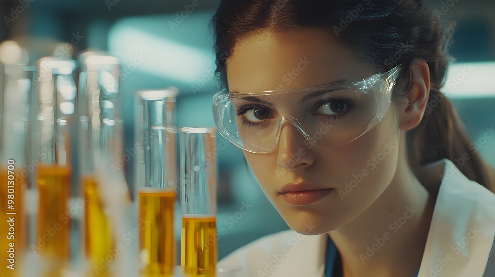 Close-up Portrait of a Female Scientist in a Lab Coat with Test Tubes in the Background Close-up Portrait of a Female Scientist in a Lab Coat with Test Tubes in the Background