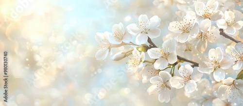 Painting of a horizontal banner adorned with white sakura flowers against a sunny backdrop A beautiful spring nature scene featuring a blooming sakura branch Space available for text