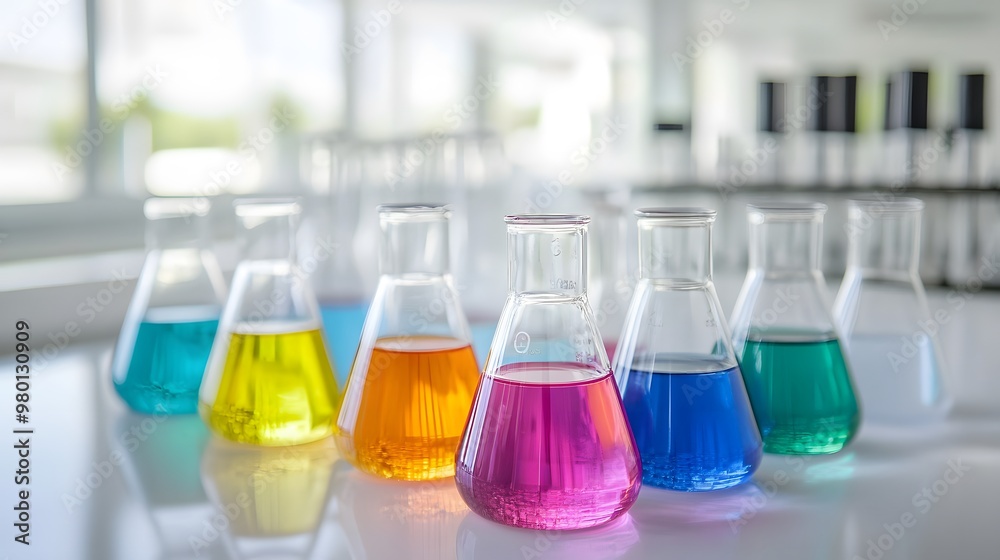 Colorful Liquid in Erlenmeyer Flasks on a White Surface Colorful Liquid in Erlenmeyer Flasks on a White Surface