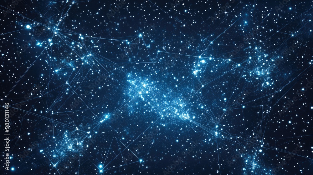Futuristic dotted map design featuring glowing outlines of stars lines and dots Illustrates communication and internet technologies on a dark blue space backdrop 2D cartoon imagery