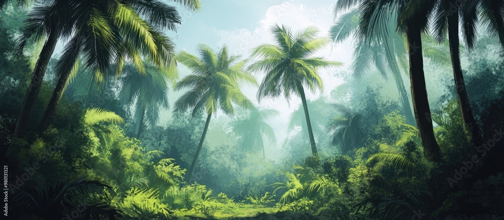 Artwork depicting a palm tree forest in a tropical setting Artwork depicting a palm tree forest in a tropical setting