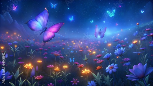 glowing flowers and many butterflies on a midnight sky as the background