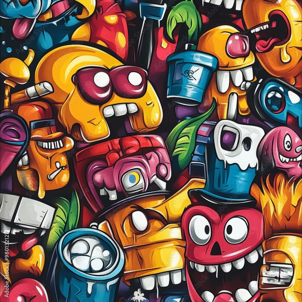Obraz premium Colorful Abstract Graffiti Art with Cartoon Faces and Characters