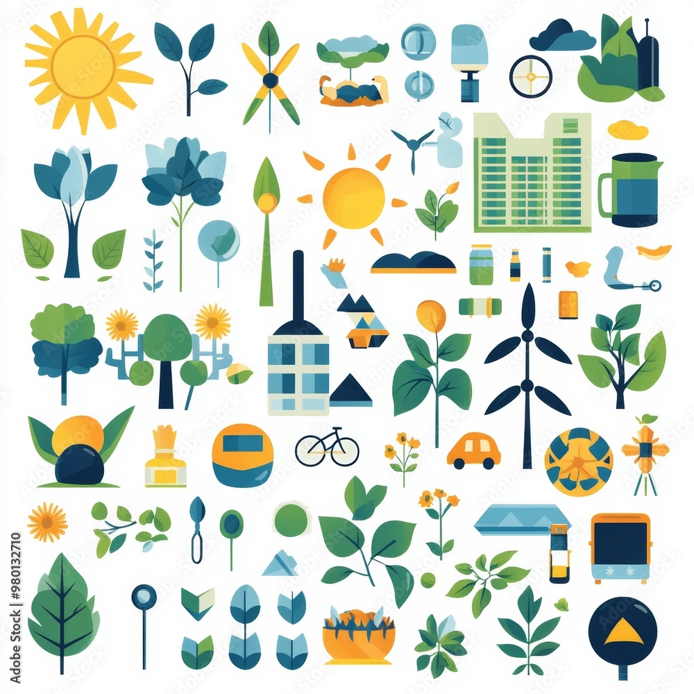 Fototapeta premium Green and Yellow Nature and City Elements Clipart Set