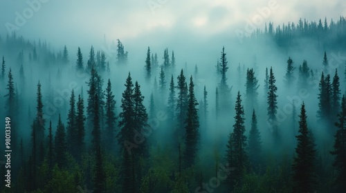 Misty Spruce Forest with Tall Trees Disappearing into Fog