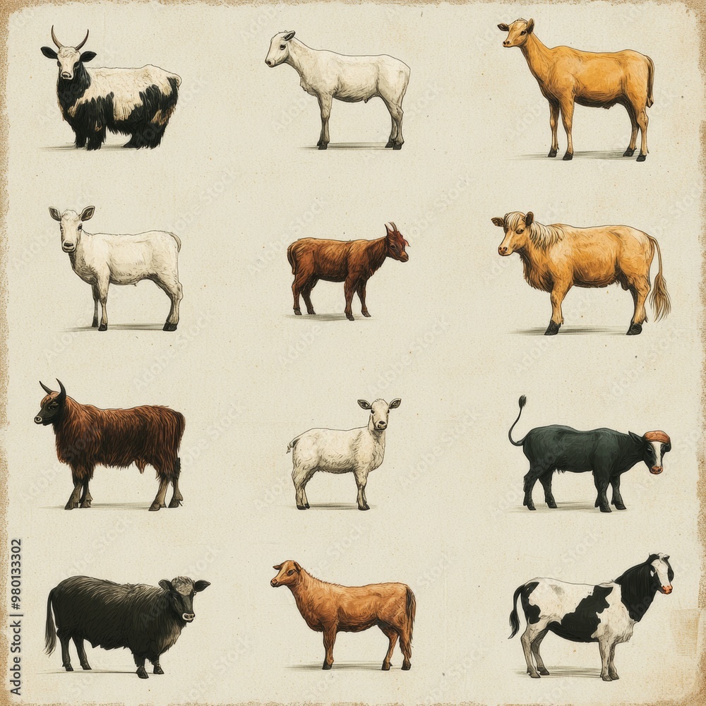 Obraz premium Cow Bull Yak Cattle Illustration Set Vintage Farm Animals Livestock Agriculture Rur