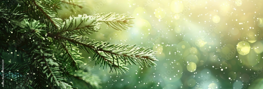 Christmas banner featuring snow-covered fir branches, with soft focus on a natural blurred background and ample copyspace. Christmas banner featuring snow-covered fir branches, with soft focus on a natural blurred background and ample copyspace.