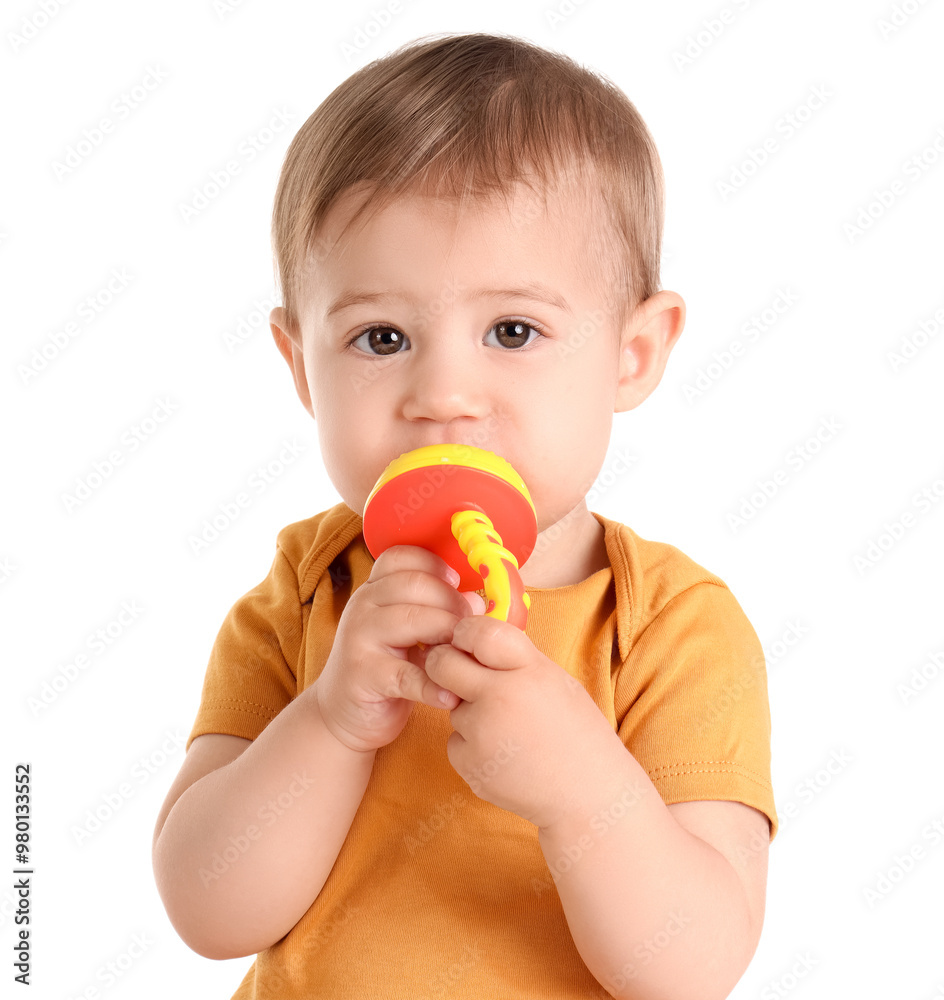 Cute baby with nibbler on white background Cute baby with nibbler on white background