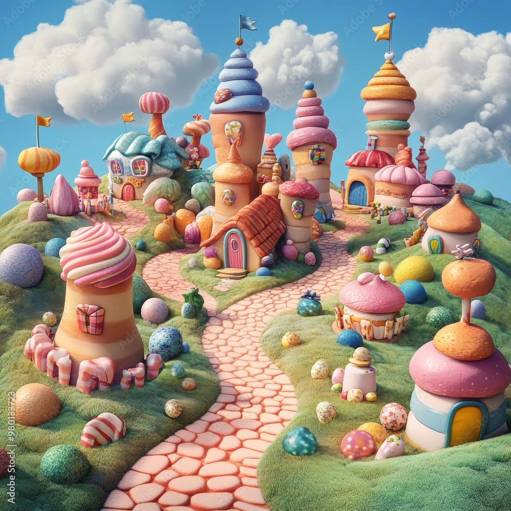 Candy Land Village Fantasy Town Sweet Treats Colorful Houses 3D Illustration Candy Land Village Fantasy Town Sweet Treats Colorful Houses 3D Illustration